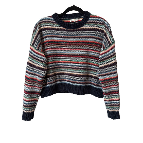 Woven Heart Womens S Boho Rainbow Stripe Boxy Cropped Velour Sweater Grunge Y2K - Picture 1 of 9
